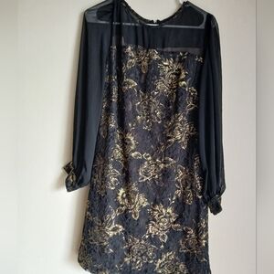 Julia Jordan lace Gold Floral lined Zip Back Sheer Sleeves